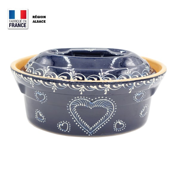 Terrine à Baeckeoffe 2 personnes Bleue décor coeur Poterie.aslsace
