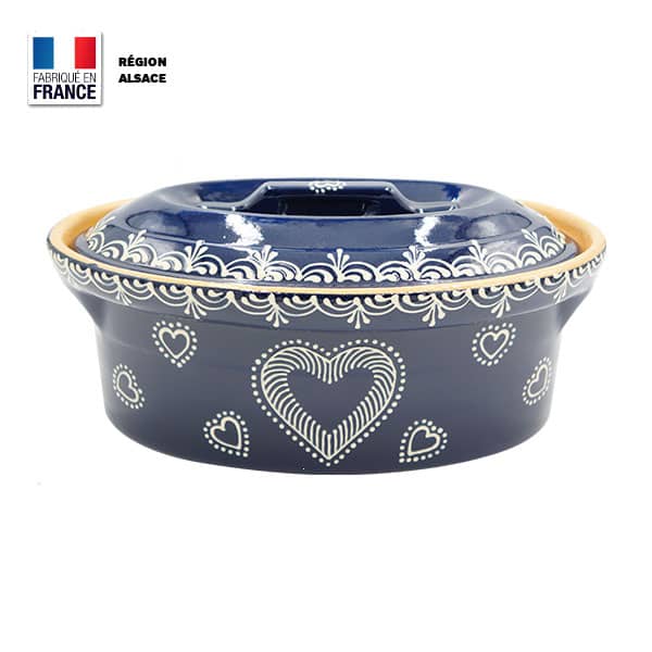 Terrine à Baeckeoffe 4 personnes Bleue décor coeur Poterie.aslsace