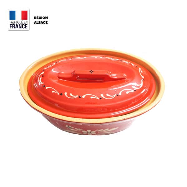 Terrine à Baeckeoffe 6 personnes Rouge décor Fleur Poterie.aslsace