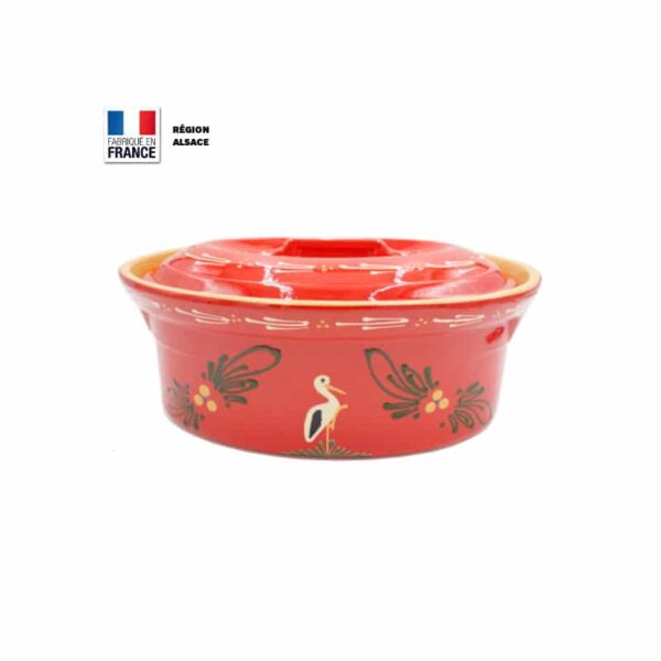 Terrine à Baeckeoffe 6 personnes Rouge décor Cigogne Poterie.aslsace