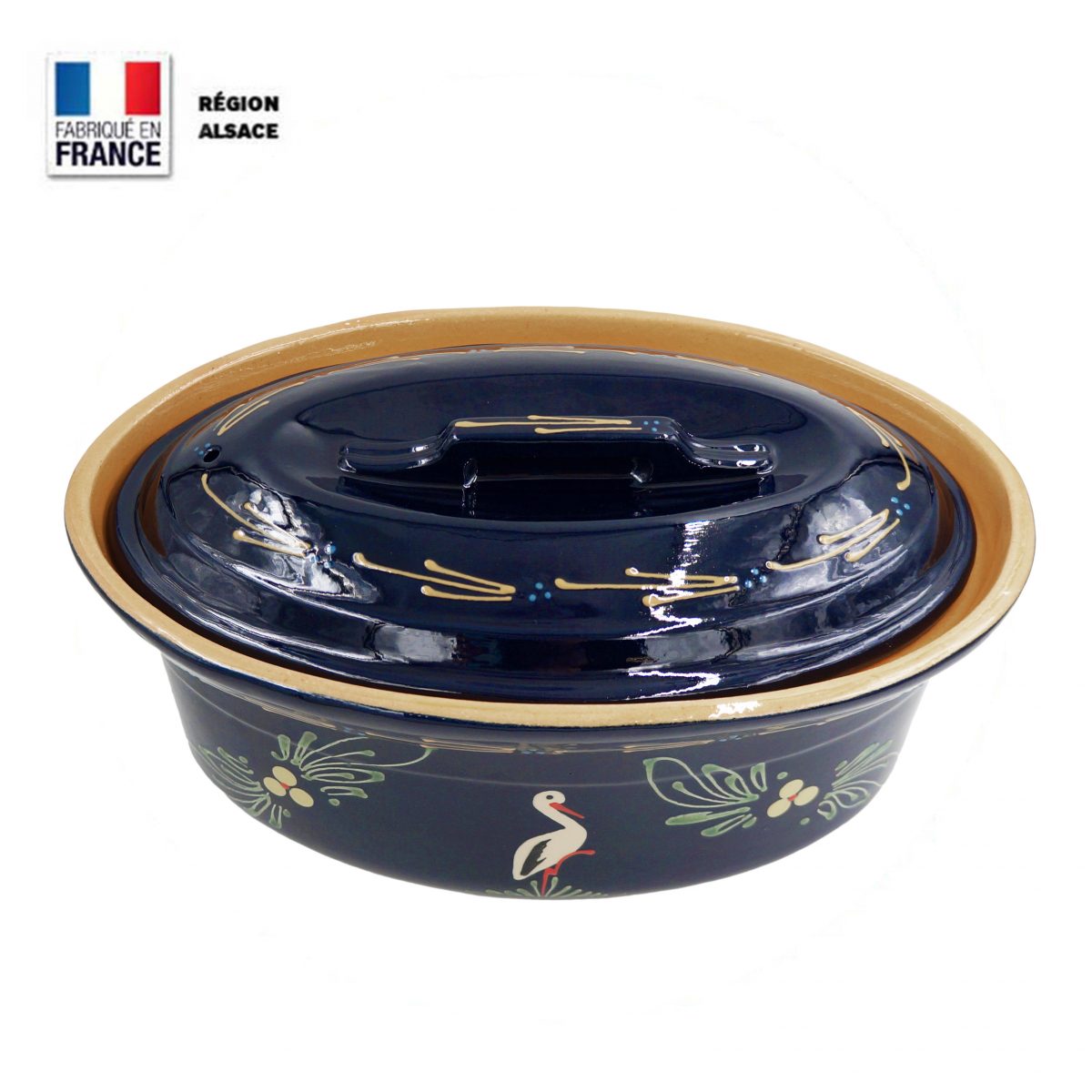 Terrine à Baeckeoffe 6 pers. Bleue décor Cigogne ⋆ Poterie.alsace