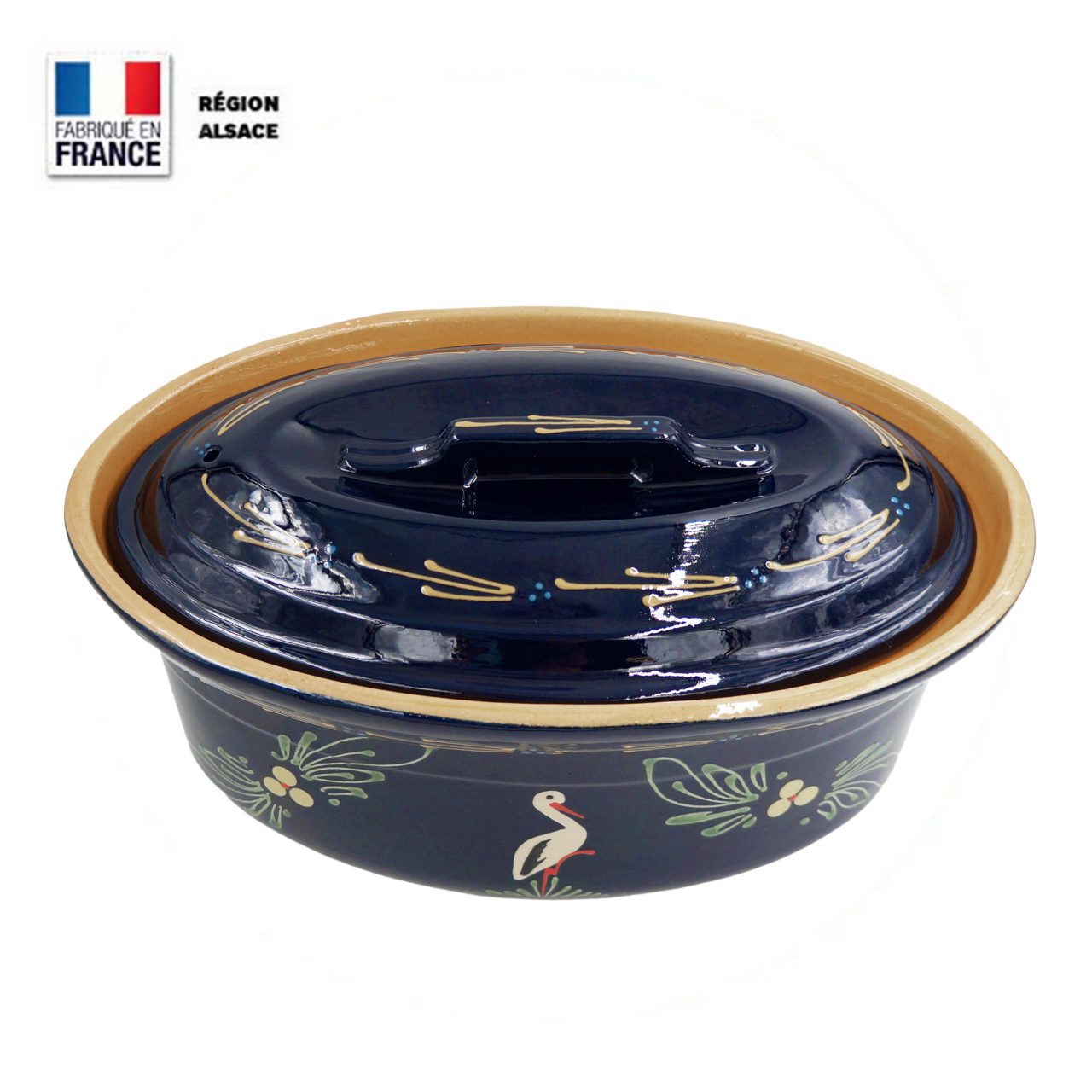 Terrine à Baeckeoffe 6 pers. Bleue décor Cigogne ⋆ Poterie.alsace