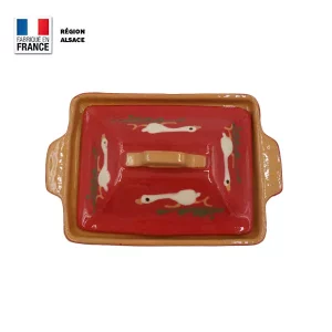 terrine rectangulaire rouge décors oies pour foie gras
