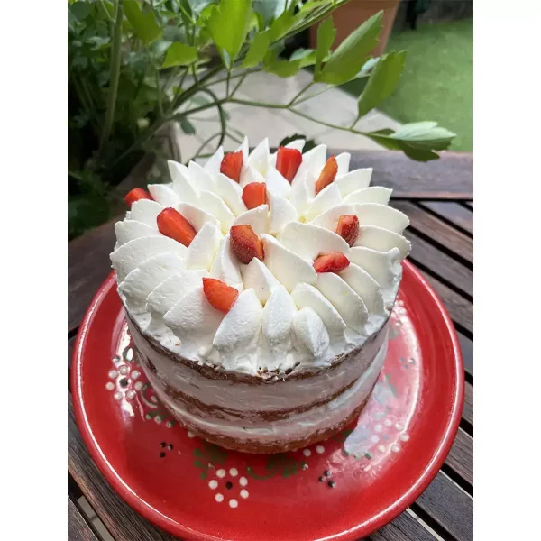 Layer Cake présenté sur un plat de service rouge décor Petites Fleurs