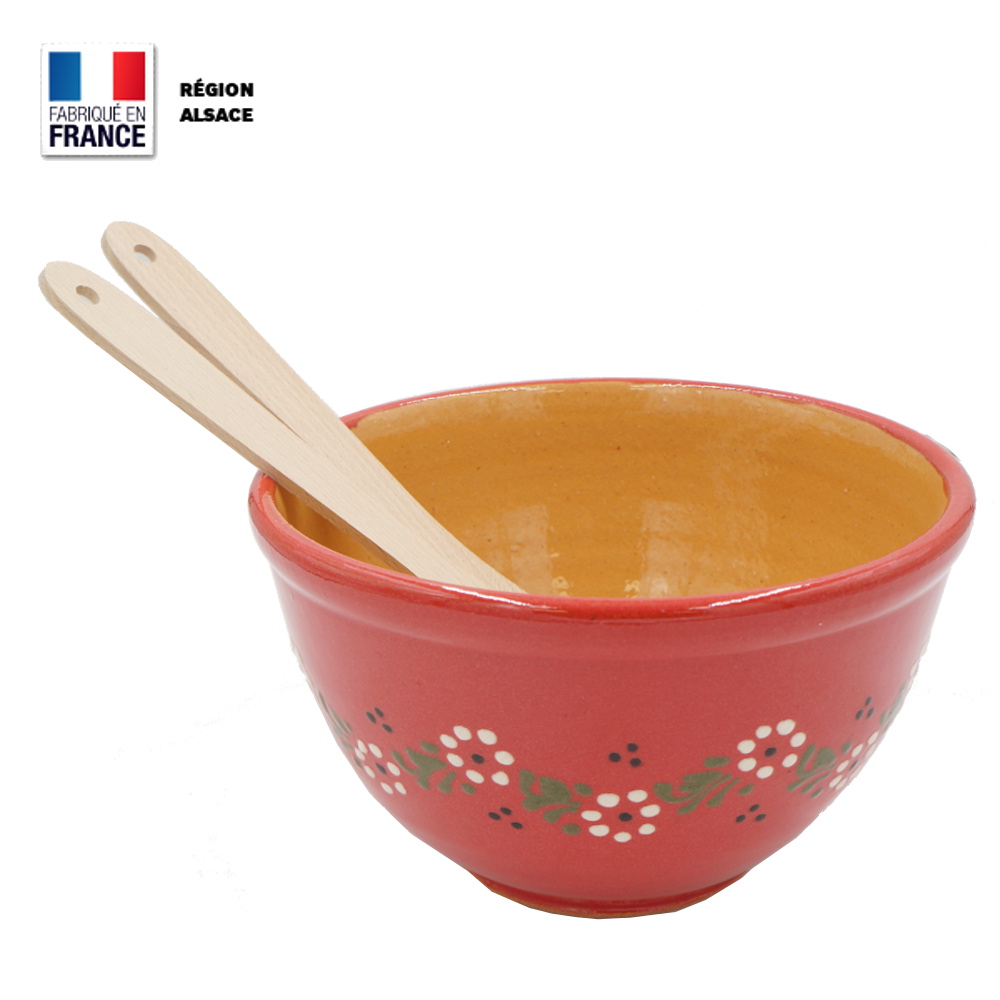 Saladier en poterie Rouge décor Petites Fleurs - 24 cm