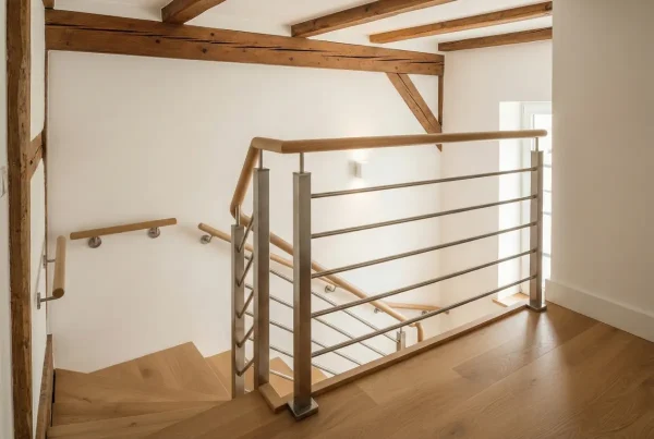 Escalier intérieur moderne avec garde-corps inox à barres horizontales sur mesure dans une maison alsacienne
