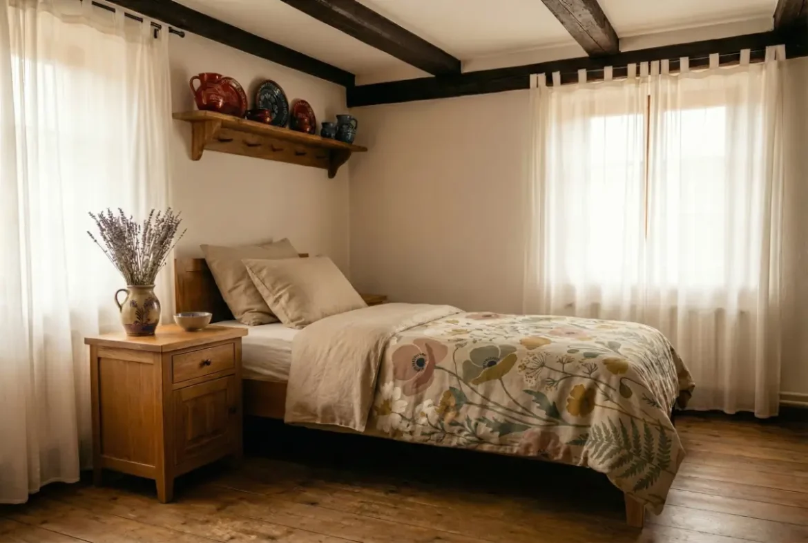 Chambre cocooning alsacienne avec matelas une place 90x200 et poteries de Soufflenheim